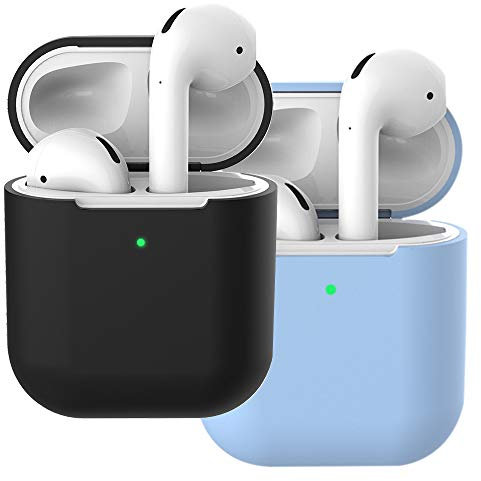 2X Funda Silicona Compatible con AirPods 2 & 1, Molylove Fundas Protectora de Silicona para AirPods, [LED Frontal Visible][Funciona con Carga inalámbrica] (AirPods 2, Negro +Cielo Azul)