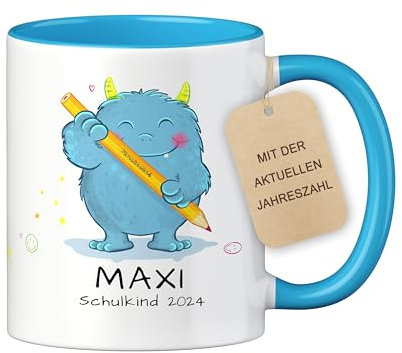 LOOXIS Personalisierte Tasse für Kinder mit Namen, Text & Motiv bedruckt – 325ml, Keramik, versch. Farben – Geschenkidee Jungen, Mädchen, Einschulung, Kindergarten – Blau, Monster