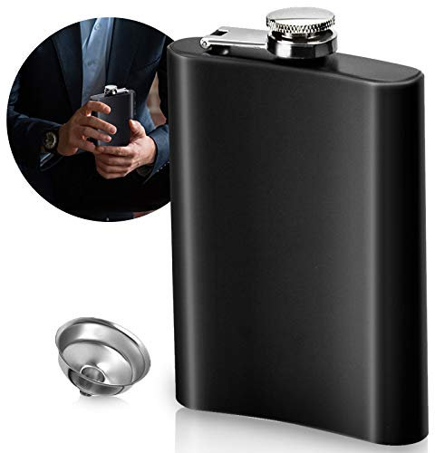 KARAA 8 oz Flasque Alcool, 230ml Hip Flask Flasque de Whisky(Noir) avec Petit Entonnoir INOX