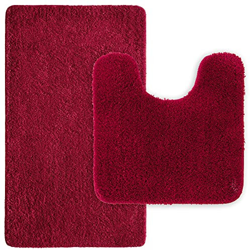 MIULEE Badematte Duschvorleger Badvorleger Flur 2er Set rutschfest Matte Teppiche Badteppich Badezimmerteppich Waschbar Saugfähig für Bad Wohnzimmer 40x60 cm und 45x45 cm mit Ausschnitt Rot