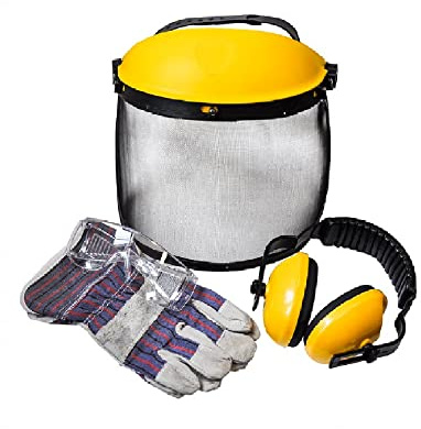 OZAKI - Kit Protection 9102130 - Tronçonnage & Débroussaillage - Casque Anti Bruit 26dB, Ecran De Protection Grillagé Relevable Classe F 45m/s, Lunettes De Protection EN166 F, Gants De Manutention