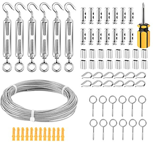 Abimars Wire Rope Kit 2mm, 30m Stainless Steel Wire Rope Set with Snap Hook, Steel Pad Plate,Screwdriver Tool, 304 Handing Wire,for Climbing Plants,Hanging Photos,Party Decoration