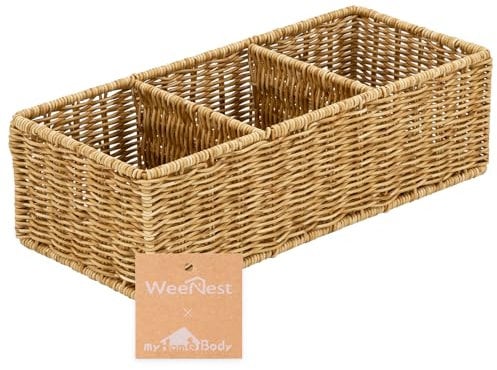 myHomeBody Cesta de mimbre con 3 compartimentos, cestas tejidas para organizar, organizador de mostrador de baño, organización de dormitorio, Tan, 1 pieza