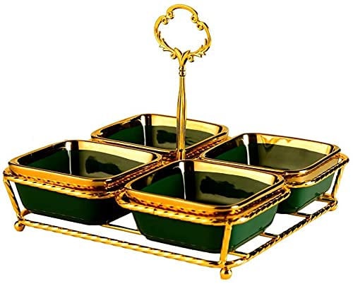 YRHH Vorspeisenteller Grüne Keramikplatte, 4-Grid-Platte Nuss-Snack-Teller Trockenobst-Teller, Erfrischungs-Teller, Obst-Snack-Teller Mit Regal Gewürzschale-Green