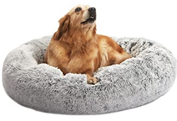 Bedfolks Beruhigendes Donut-Hundebett, rund, flauschig, für große Hunde, Anti-Angst-Plüsch-Hundebett, maschinenwaschbar, 91,4 cm, Hellgrau, Größe L