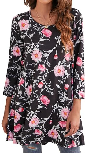Enmain Womens Tunic Top 3/4 Long Sleeve Tops for Women UK Plus Size Round Neck Ladies Swing T-Shirt Black Longline Tunics for Leggings Casual Loose Floral Pattern Blouse T Shirts S