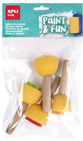 Apli kids 18714 – Lot de 4 tampons éponge avec manche en bois pour enfants âgés de 3 ans et plus – Diverses formes : fleur, feuille, étoile et cœur – éveil artistique