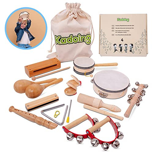 Kadoing® 18-teiliges Musikinstrumenten Set aus Holz - Nachhaltiges Geschenk - Lernspielzeug - Geburtstag zu Hause - Montessori Spielzeug - Kinderspielzeug - Musik für Kinder