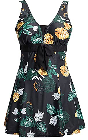 Ecupper Maillot de Bain Une Pieces pour Femme Rétro Jupe avec Volantée Contrôle du Ventre Push Up Col en V Noir 4XL