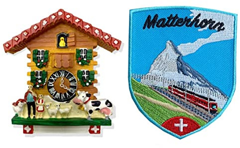 A-ONE Swiss Farm Kuckucksuhr Schweiz 3D-Wahrzeichen-Kühlschrankmagnet, 1 Stück + Matterhorn Jeans Applikation Patch 1 Stück, Memo-Kühlschrankmagnet, zum Aufkleben für Kleidung, Kleider C63 + 193