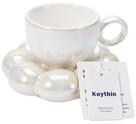 Koythin Ceramic Coffee Mug with Saucer Set, Creative Cute Cup with Sunflower Coaster for Office and Home, 6.5 oz/200 ml for Tea Latte Milk (Pearl White)