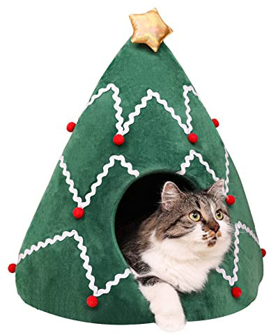 NIBESSER Weihnachtsbaumbett für Hunde Geschlossenes Katzenbett Warmes Interieur Iglu Hundebett Weich waschbar Hundebett Weihnachten Katze Niedlich