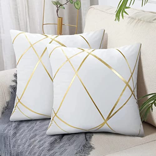 Weiß Samt Kissenbezug 50x50 cm 2er Set Golden Geometrie Sommer Dekokissen Kissenhülle Groß Sofakissen Couchkissen Dekorative Kissen Kissenbezüge Moderne Zierkissen Bezug für Schlafzimmer Sofa Bett