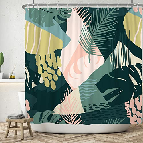 Ttincceer 183x198cm Abstrakter Duschvorhang Mid-Century Tropical Plant Badezimmervorhang Palm Leaf Monstera Leaves Duschvorhänge Wasserdichter Badewannenvorhang