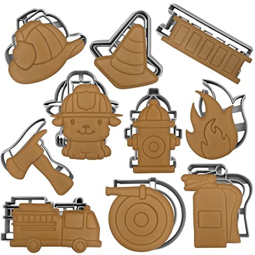 Moose Goods Feuerwehrmann Ausstechformen zum Backen - 10er Set Ausstechformen mit Stempel Feuerwehrauto, Feuerwehrhelm, Feuerlöscher, Feuerlöscher, Hydrant, Axt, Hund, Schlauch, Leiter, Kegel & Flamme