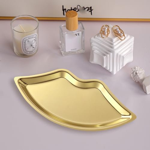 BuerHomie Golden Serving Tray, Lip Shape, Stainless Steel, for Trinket Key