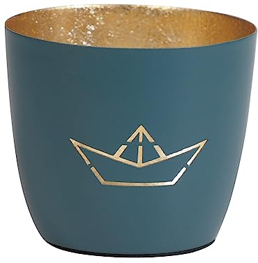 Maritimes Windlicht Baltic – Metall mit Motiv – Segelschiff, DKL.blau, Gold | 10 x 10 x 8,5 cm – für Teelichter & Stumpenkerzen – Haus, Garten, Balkon, Terrasse – Licht- & Schattenspiele – Seaside No.64