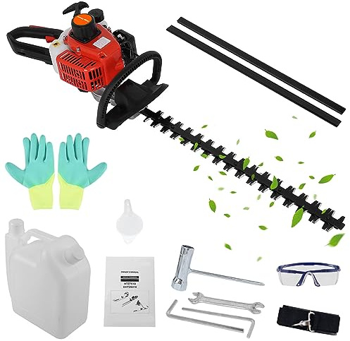 JENPECH 26cc Gas Hedge Trimmer, 24 Inches 2 Stroke Brush Cutter Cordless Shrub Trimmer Tea Trimmer, Fuel Efficient Low Noise High Power Double Side Blade Red