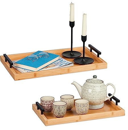 Relaxdays Set 2 Bandejas de Bambú Rectangulares, con Asas, Borde Alto, Cocina, Desayuno, 7x50x30cm y 7x43x26cm, Natural, Tablero de Fibras