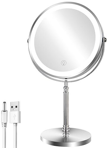 AusDaur 8” Schminkspiegel mit Beleuchtung 1X/10X Vergrößerungsspiegel mit Licht Doppelseitiger um 360 Drehbarer Tisch Spiegel Wiederaufladbarer Touchscreen mit 3 Farblichtern Spiegel mit Ständer