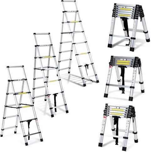 SWANEW 1.4M+1.7M Teleskopleiter, Alu Ausziehbare Leiter, Klappleiter Stehleiter Rutschfester Mehrzweckleiter, Haushaltsleiter 150 kg Belastbarkeit