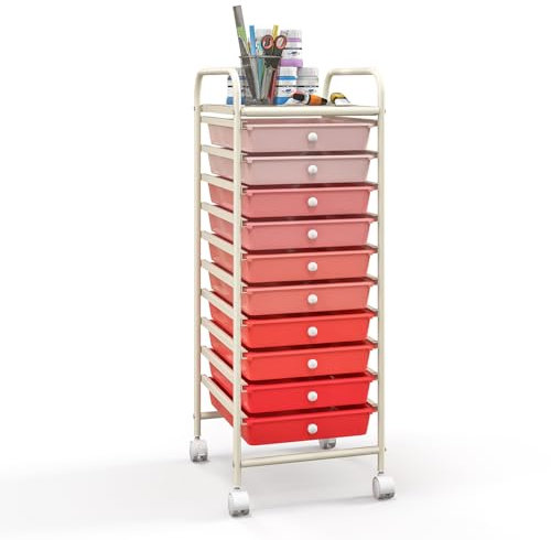 GiantexUK 10 Drawers Rolling Trolley, Multipurpose Utility Storage Organizer Cart with Wheels, Home Office Hairdressing Salon Shelving Organizer Unit (Gradient Pink)