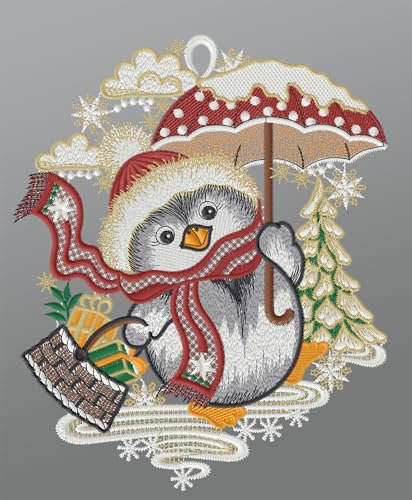 Plauener Spitze Fensterbild Pinguin bringt Geschenke (BxH) 23cm x 27cm, Mehrfarbig, Fensterdekoration und Fensterschmuck