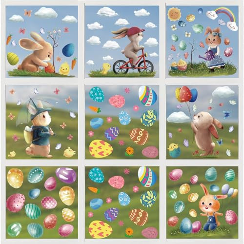 BELSVOR 138 Stickers Pâques Fenetre, 9 Feuilles Pâques Autocollants Fenetre, PVC Decoration Pâques Réutilisable, Autocollant Pâques Electrostatique, Autocollant Pâques Fenetre pour Verre/Vitrines