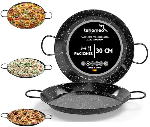 TEHORNEO Paellera Induccion, Paellera 30cm de Acero Esmaltado 3-4 raciones, Paellera Vitroceramica, Paellera Gas, Paella Induccion, Paellera Electrica, Paellera 3 personas, Paellero 30 cm