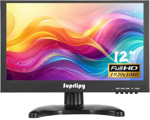Suprlipy Mini monitor HDMI pequeño de 12 pulgadas 1920 x 1080 16:9 IPS carcasa de metal pantalla LCD compatible con entrada HDMI/VGA/AV/BNC Altavoces incorporados para PC CCTV cámara de seguridad