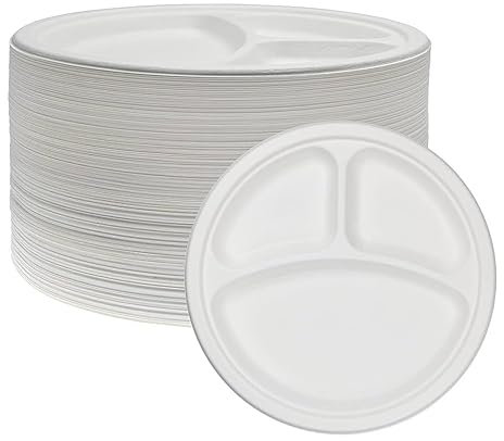 Tezraftaar® 50 x 3 Section Plastic Plates 10 (26cm) Reusable Compartment Plate for Dinner Lunch Breakfast in Wedding Parties Picnic Camping Catering Supply