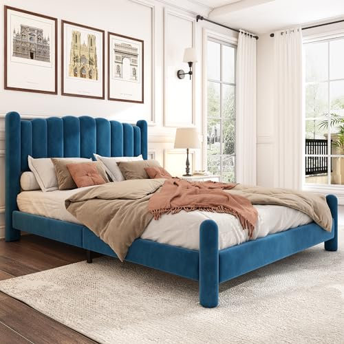 WENCHSH Einzelbett Polsterbett 140x200 cm, Bett mit Kopfteil, Bettgestell mit Lattenrost aus Holz, Samt, Blau, Ohne Matratze