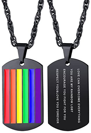 Bandmax Regenbogen Kette Herren Damen Edelstahl Kette Personalisiert Schwarz Kette Gay Pride Dog Tag Halskette Anhänger Erkennungsmarke Kette 55cm LGBT Schmuck für Sohn Tochter