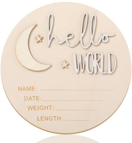 lusofie Señal de anuncio de bebé de madera con luna y estrellas, letrero de bienvenida para bebé, anuncio de nacimiento para hospital (blanco)