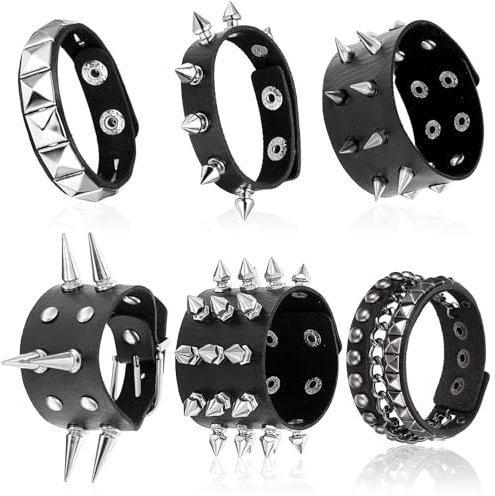 Molain 6 pulseras con tachuelas con pinchos, pulsera gótica punk rock, remache de cuero negro, pulsera punk con botón a presión, pulsera de metal para hombres y mujeres, accesorios de Halloween