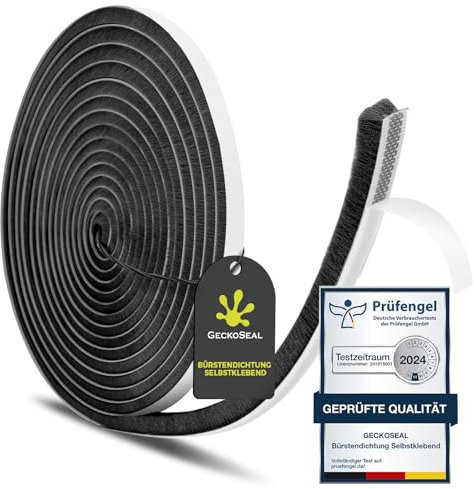GeckoSeal 12m Bürstendichtung Selbstklebend, 9mm(B) x 5mm(D), Bürstendichtung für Fenster, Schiebetür, Bürstendichtungen Rolladen für Kleiderschränk, Türbürstendichtung für Insektenschutz - Schwarz
