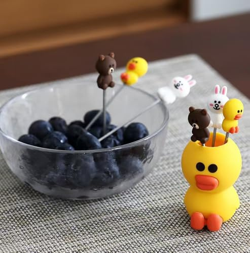 Salad Forks with Stainless Steel Children's Food Pick Fork Holders Repeated Use of Fruit Forks to Decorate Cute 6 Cartoon and 1 Yellow Duck Silicone Holder (Yellow Duck)