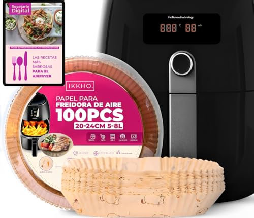 IKKHO® Papel Freidora Aire Sin BPA + Recetario Digital QR | 100 Piezas (20-24cm) - Desechable, Antiadherente Para Horno - Papel Freidora de Aire (5-8L) | Papel Air Fryer Redondo