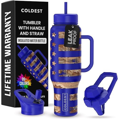 Coldest 40 oz Tumbler with Handle and Straw - 100% Leak Proof Insulated Tumbler with Lid and Straw (3 Lids) - Stainless Steel Tumblers for Women & Men - Cup Holder Friendly Base, 46 oz (The Democrat)