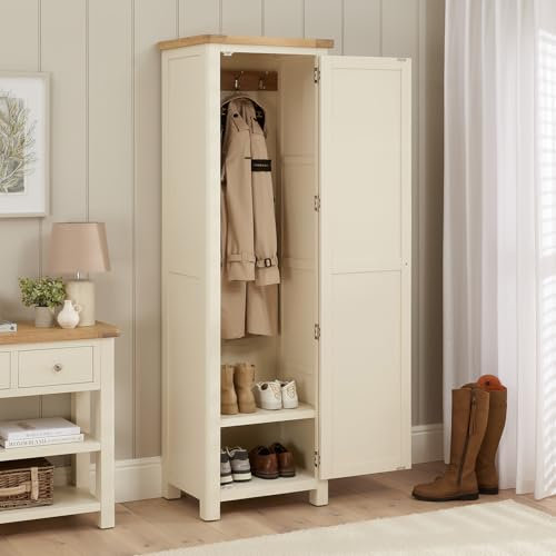 The Furniture Market | Marbury Cream Painted | Single Door Hallway Cupboard | Tall Shaker Coat & Shoe Storage | 4 Hooks, 5 Shelves | Country Style | Fully Assembled | H 1900 x W 600 x D 450mm