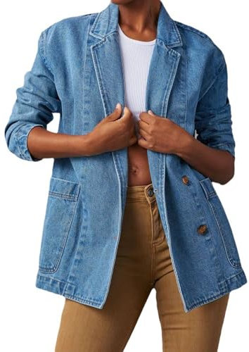 MINTLIMIT Women's Denim Jacket Long Sleeve Button Down Notched Lapel Jean Coat Work Office Denim Blazer Jacket with Pockets