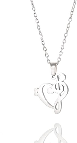 SIPURIS Collier avec pendentif en forme de cœur en forme de note de musique pour femme en acier inoxydable - Cadeau pour les amateurs de musique