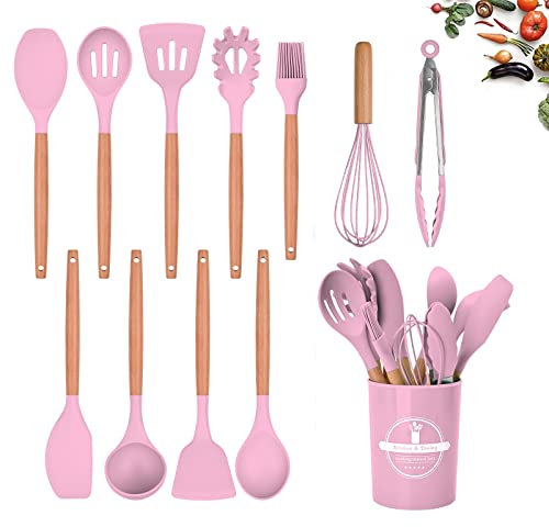 SJIOFEW Kitchen Utensil Set, 12 PCS Silicone Cooking Utensils Set with Wooden Handle, Heat Resistant, Nonstick Cookware Tongs Spatula Spoon Set, Dishwasher Safe, Best Kitchen Tools with Holder(Pink)