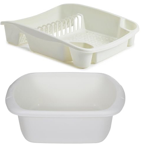 ZARVICZONIA Rectangular Washing up Bowl Large With Plastic 12 Bays Dish Drainer with Cutlery Holder, Dish Drainer Plate and Cutlery Tray Rack, Kitchen Sink Utensil Holder Stand (Cream/Ivory)