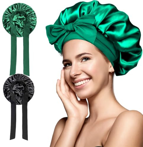 2 Stück Seidenhaube zum Schlafen, Satin Bonnet Nacht Schlafmütze, Satin Haarhaube die Nachthaube mit Gummiband für Geeignet, Schlafen, Hautpflege, Haarschutz, zum Schminken usw (Schwarz und Grün)