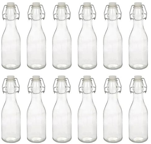 Argon Tableware 250ml Glass Bottles with Swing Top - Clear - 12x Reusable Empty Water Wine Milk Olive Oil Juice Gin Home Brew Brewing Drinking Fridge Dispenser Storage Jars with Stopper Lid