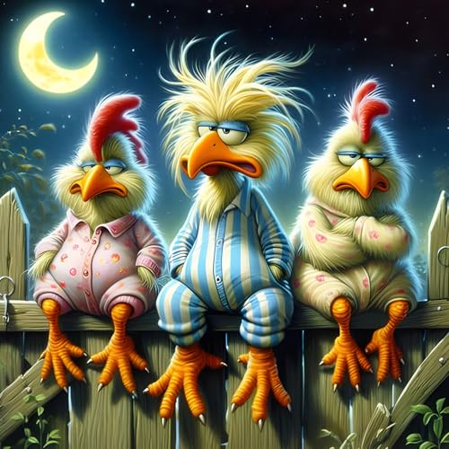 QQYRHN 5D Lustiges Huhn Diamond Painting Kit für Erwachsene Anfänger Mondnacht Diamant Kunst Kits Vollständiges DIY Karikatur Diamantstickerei-Set Perfekt zur Entspannung und Dekoration 30x30cm