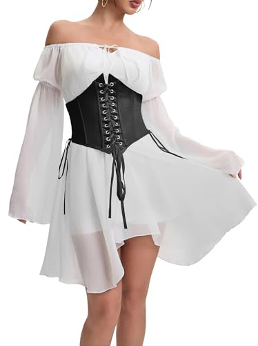 FDKLOOK Womens White Black Corset Dresses 2 Piece Outfit Off Shoulder Bell Sleeve Fairy Casual Party Bustier Dress XXL