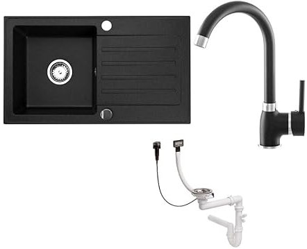 Faizee Home | Granitspüle Set 75x44 cm Schwarz – Beidseitig montierbare Küchenspüle mit Armatur in Schwarz & Siphon | Hochwertiges Spülbecken aus Granit