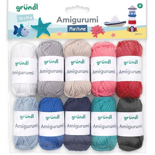 Gründl Wolle Amigurumi - dünne Wolle zum Häkeln von kleinen Figuren - Häkelgarn- Glänzend und hautfreundlich - 100% Baumwolle - 10 Miniknäuel 10 g / 23 m - Nadelstärke 3-4 - Martitim